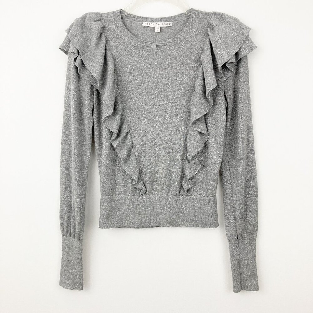 Veronica Beard Centre Ruffle Crewneck Metallic-knit Sweater Size S Gray Sparkle - Picture 3 of 10